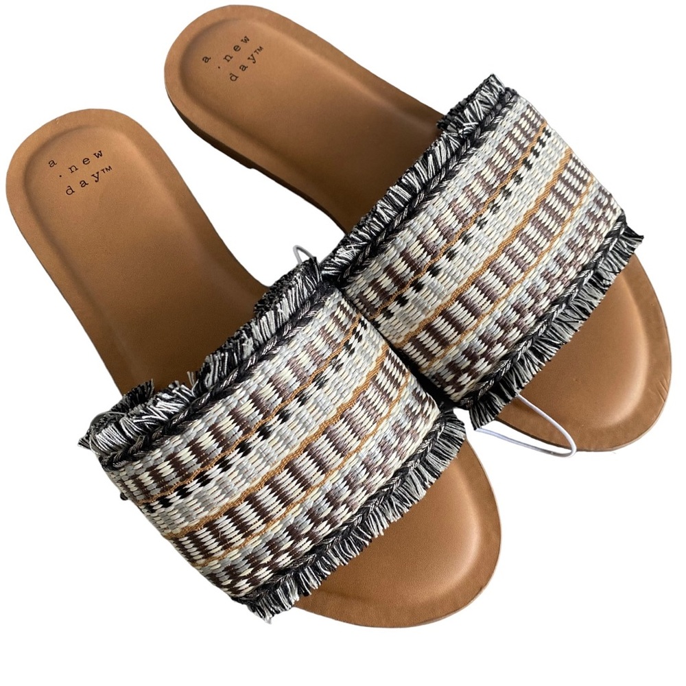 A New Day Boho Woven Fringe Slide Sandals Women Sz 7